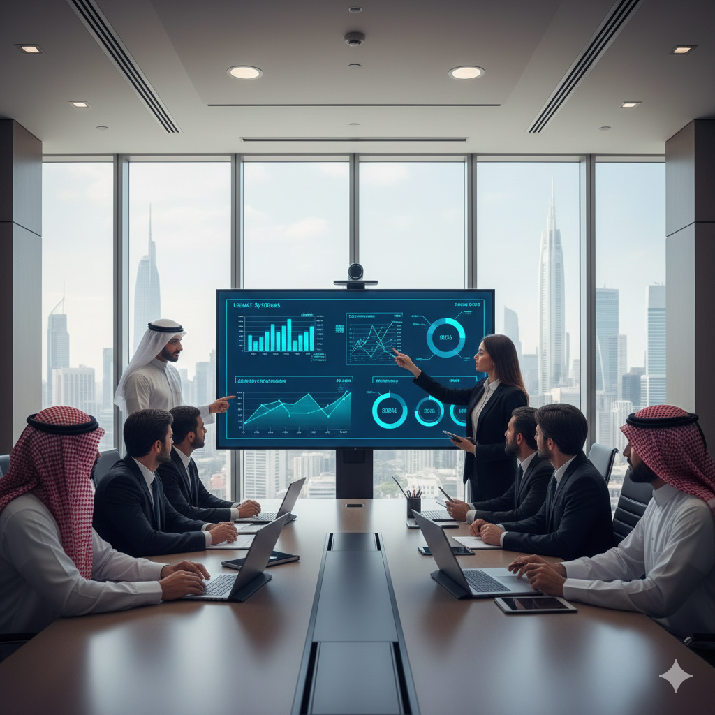 Saudi business team analyzing cloud migration costs and efficiency gains for legacy modernization transformation project
